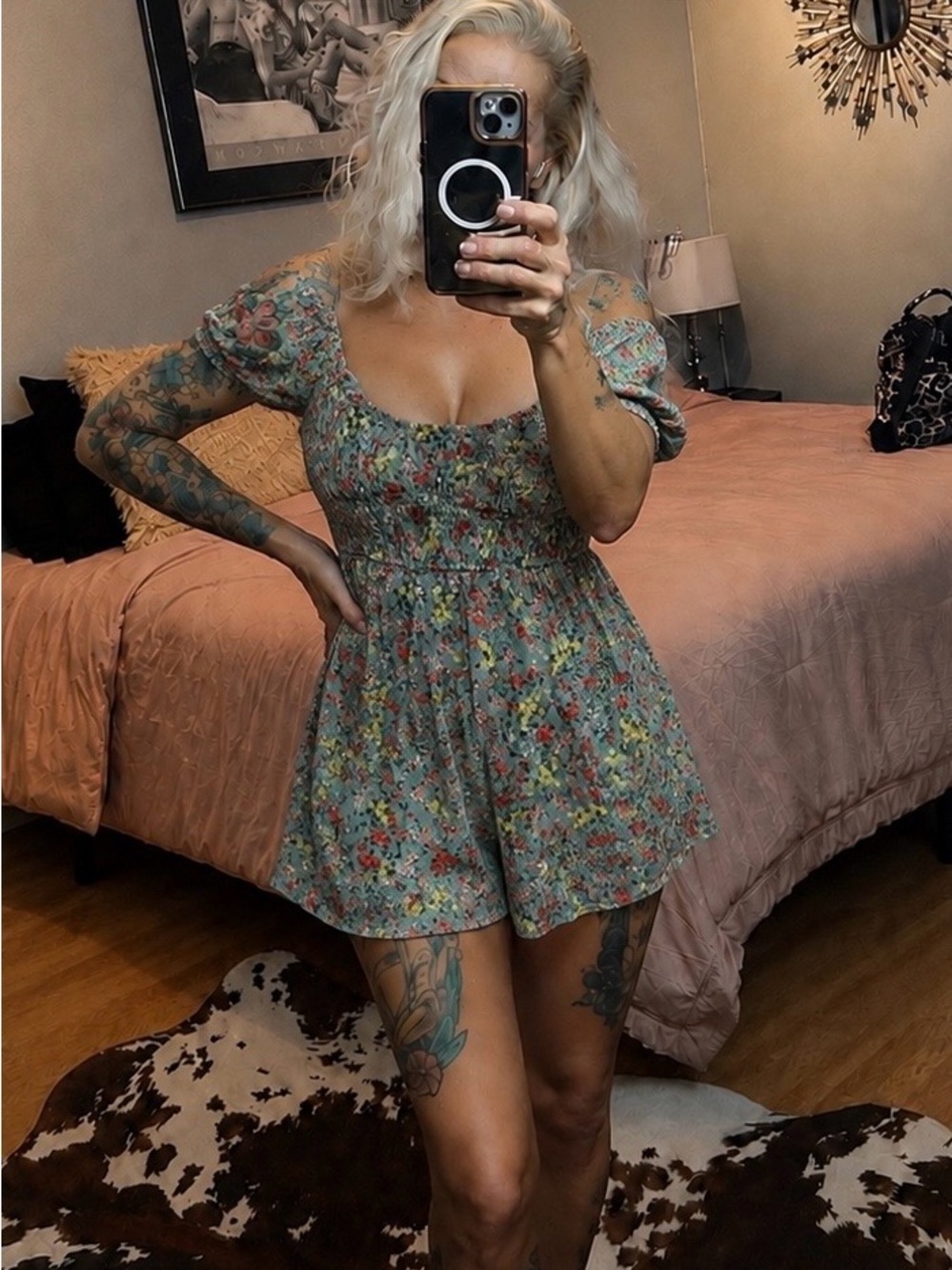Altar'd State Sage Green Floral Smocked Romper. Size S.